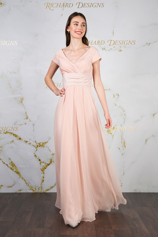 Off- the- shoulder full length dress with chiffon A-Line skirt.