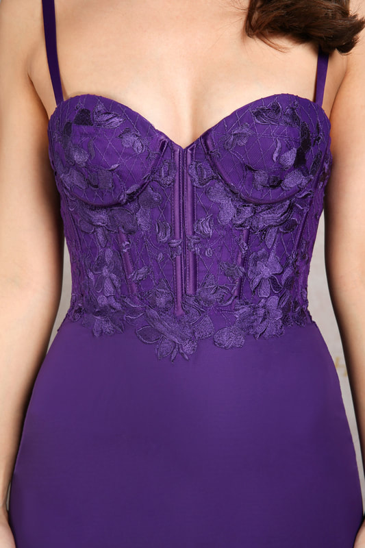 Purple Bridesmaids Dress with embroidered lace bodice.