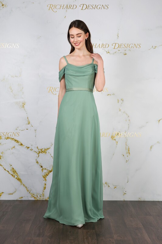 A-line bridesmaids dress with pleating to the waist.
