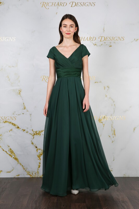 Hunter green chiffon dress full length with caplet sleeve.
