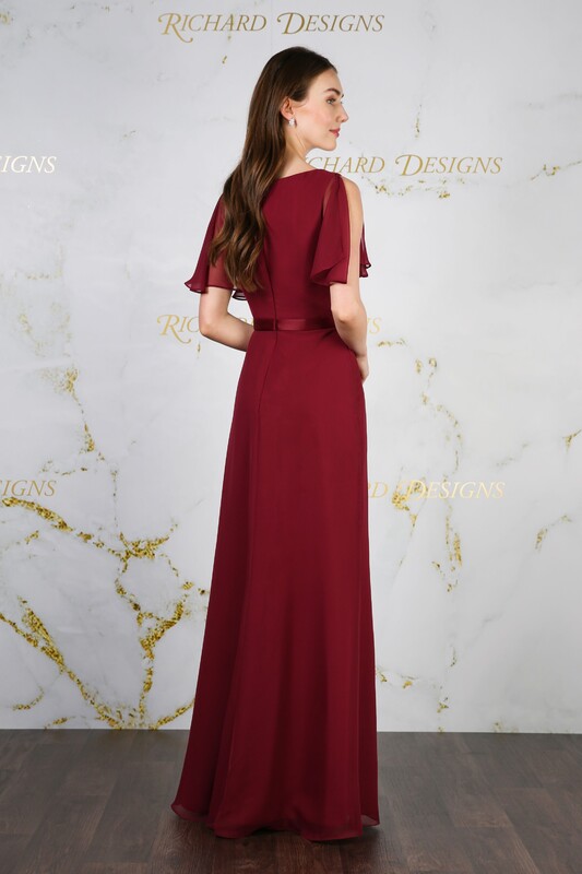 Fit and flare fitted chiffon dress in burgundy.